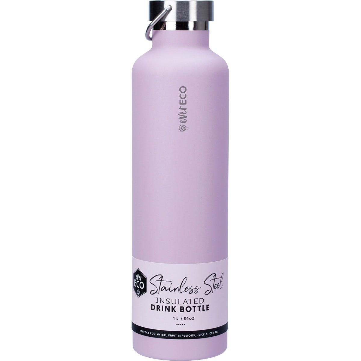 1L lilac Ever Eco insulated stainless steel bottle with a matte finish, silver lid, and integrated carry handle.