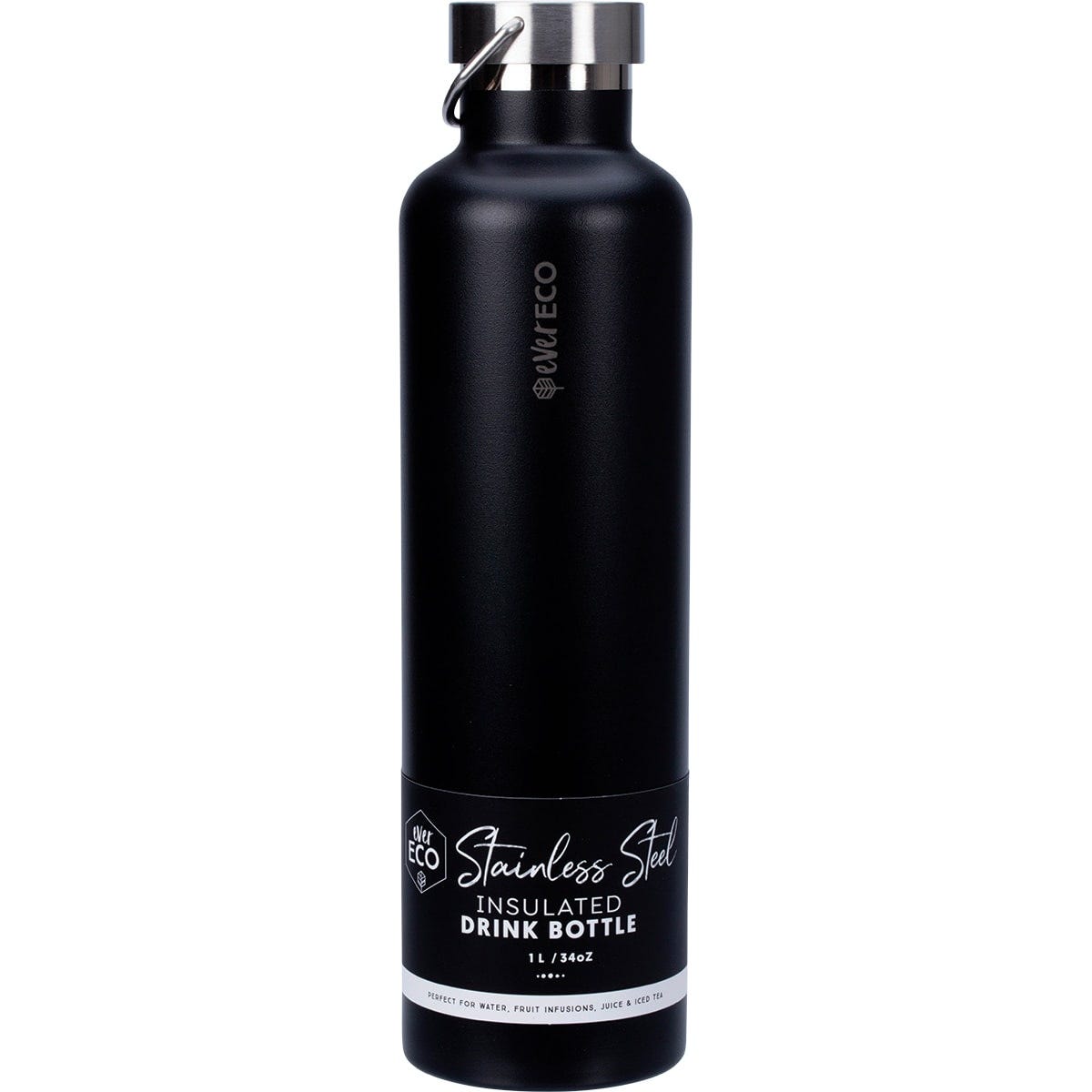 1L Onyx matte black Ever Eco insulated stainless steel drink bottle with a carry handle lid on a white background.