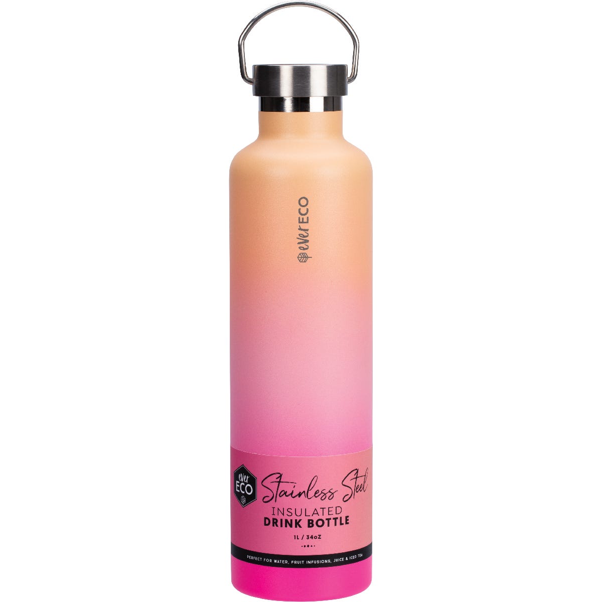 1L Ever Eco insulated stainless steel bottle in Rise, featuring a pink ombre finish and a silver screw-top lid with handle.