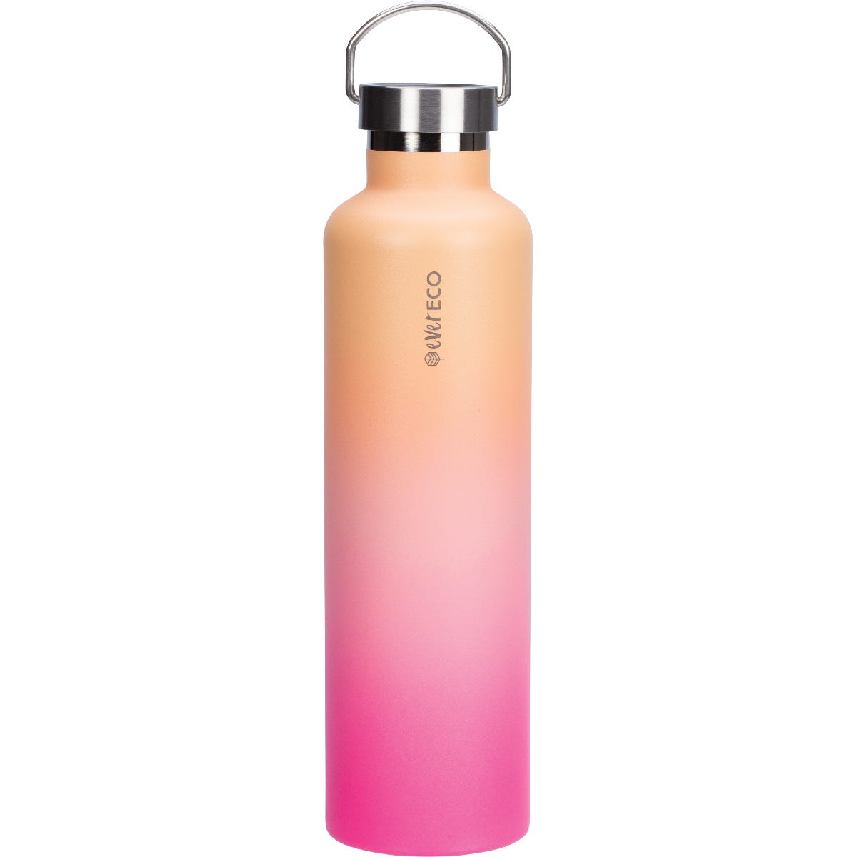 Ever Eco 1L insulated bottle in Rise pink ombre with a silver screw-top lid and carry handle on a white background.