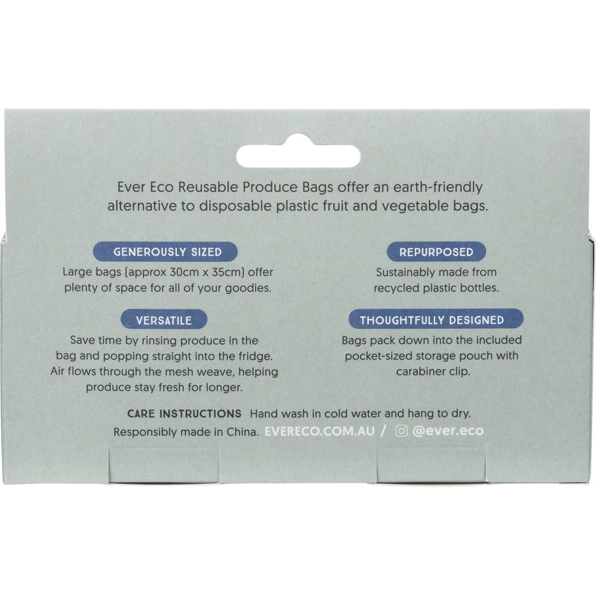 Back of Ever Eco 4 pack recycled mesh produce bags packaging on a white background.