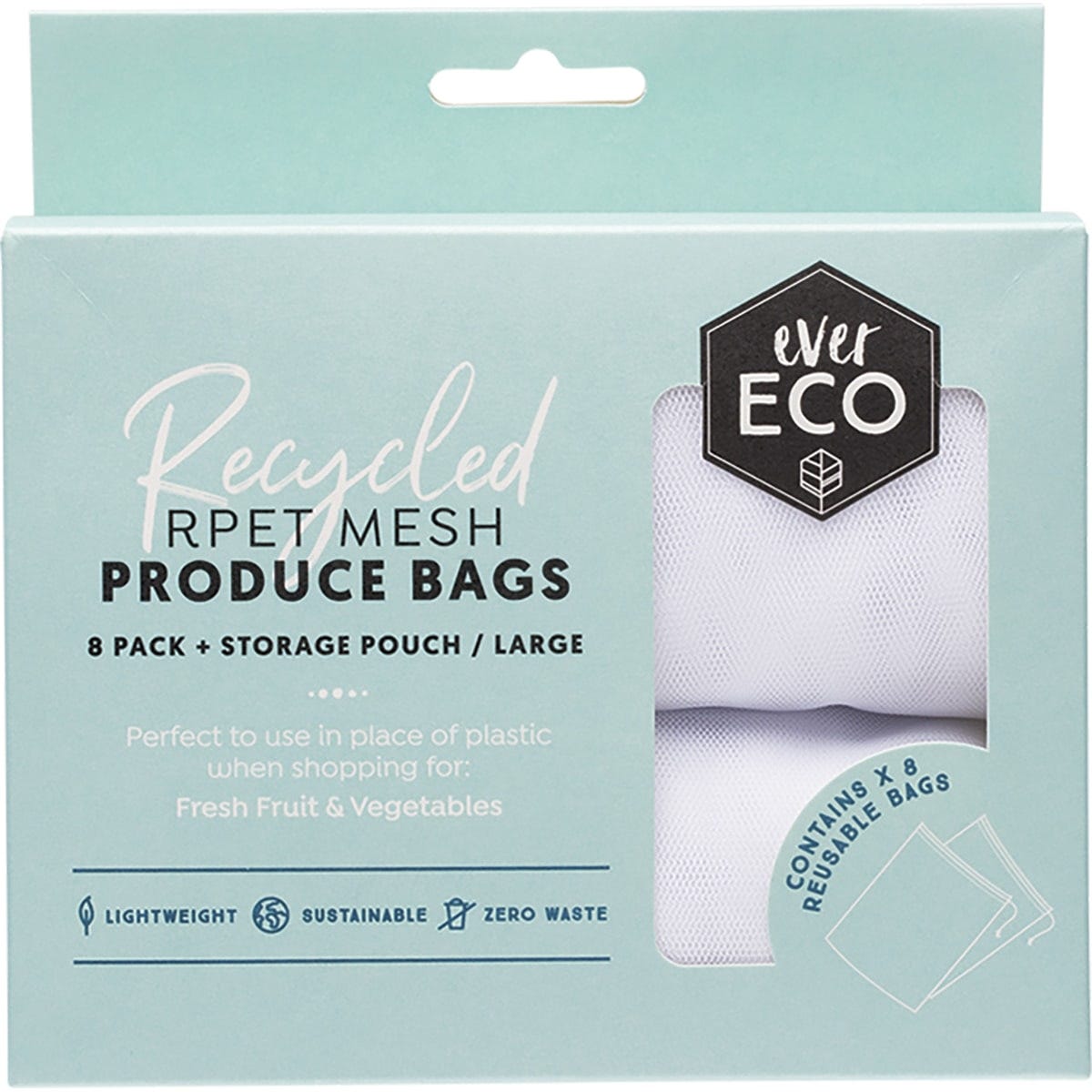 Eight-pack of white recycled polyester mesh produce bags with a black drawstring and a grey storage pouch.