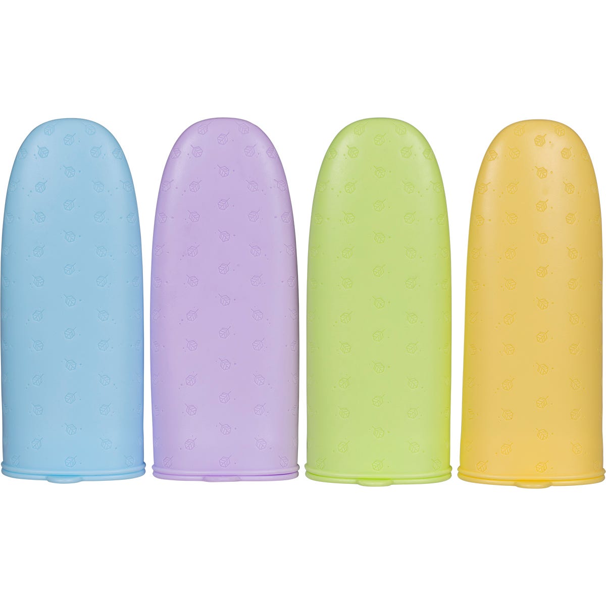 Four pastel-colored silicone squeeze-up popsicle molds with attached lids.