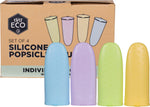 Four pastel-colored silicone squeeze-up popsicle moulds with attached lids on a white background.