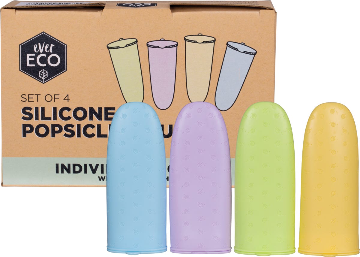 Four pastel-colored silicone squeeze-up popsicle moulds with attached lids on a white background.