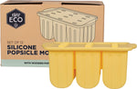 Ever Eco tray of 12 silicone popsicle moulds with lid, wooden sticks, and finished fruit ice pops.