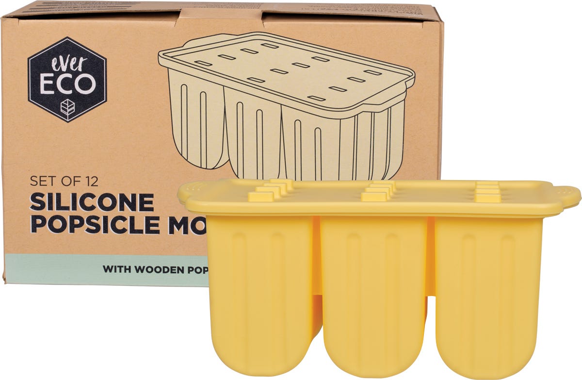 Ever Eco tray of 12 silicone popsicle moulds with lid, wooden sticks, and finished fruit ice pops.