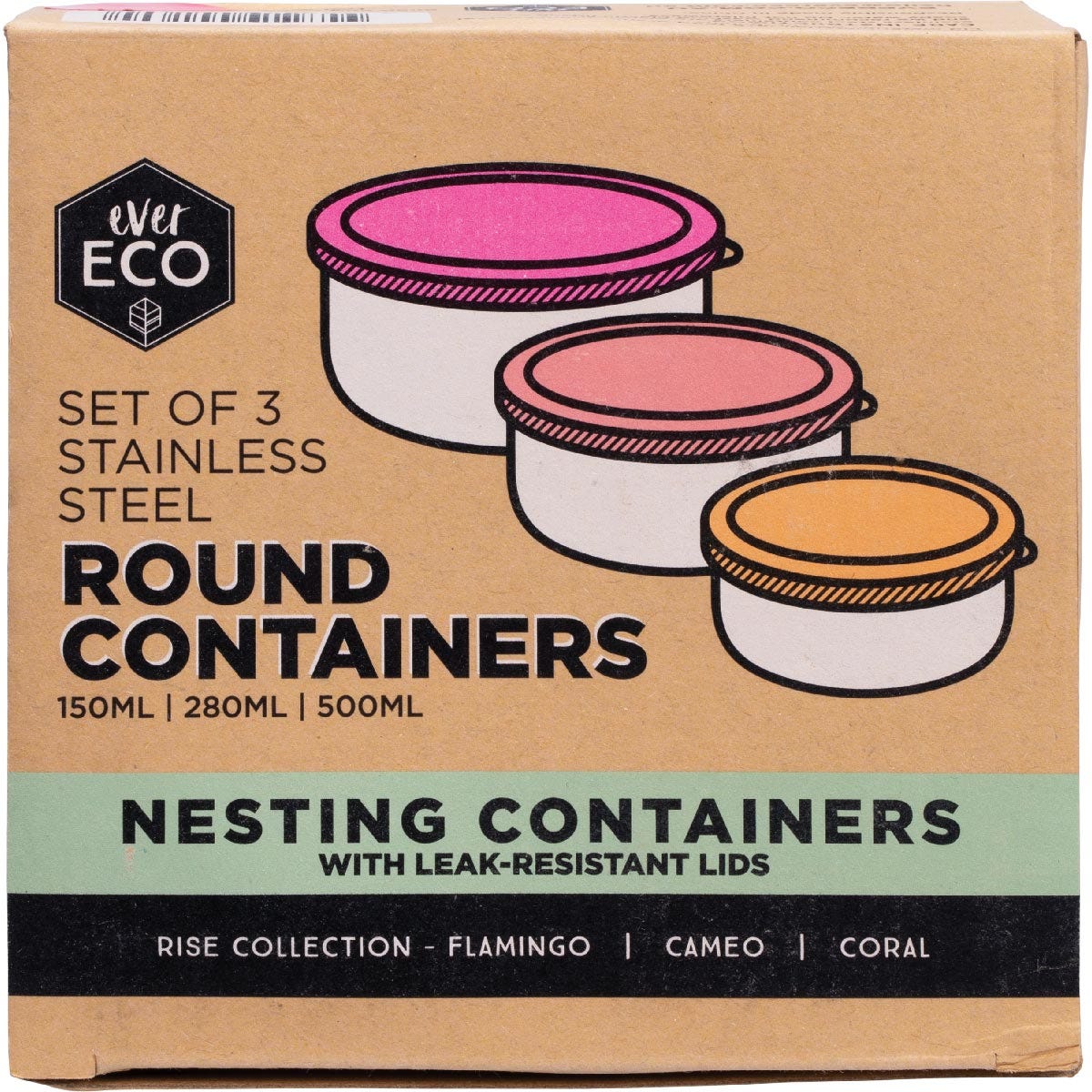 Three nesting Ever Eco round stainless steel containers with colorful leak-resistant lids in a set of three.