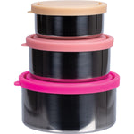 Three nesting stainless steel containers with pastel blue, green, and orange lids on a white background.