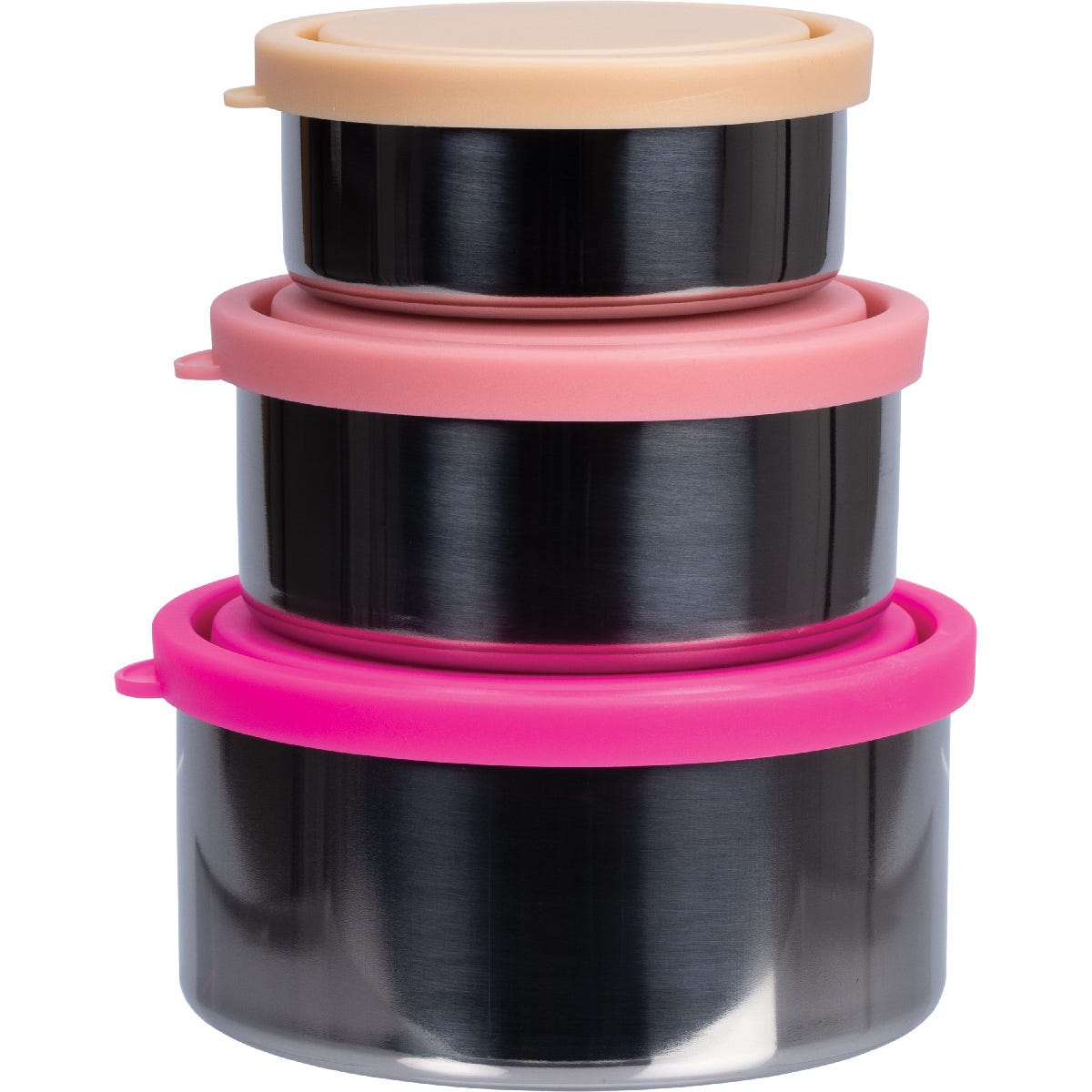 Three nesting stainless steel containers with pastel blue, green, and orange lids on a white background.