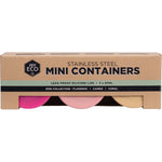 Three Ever Eco 60ml stainless steel mini containers with mint, blush, and apricot leak-proof silicone lids.