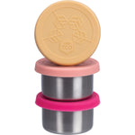 Three 60ml stainless steel mini containers with mint, blush, and apricot silicone lids on a white background.