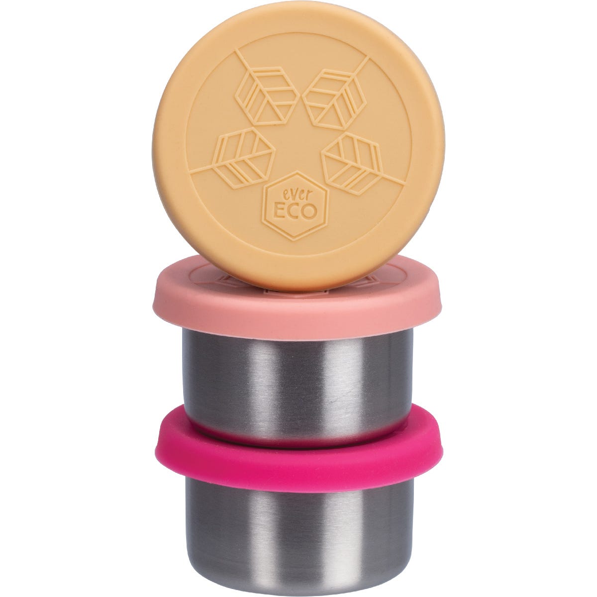 Three 60ml stainless steel mini containers with mint, blush, and apricot silicone lids on a white background.