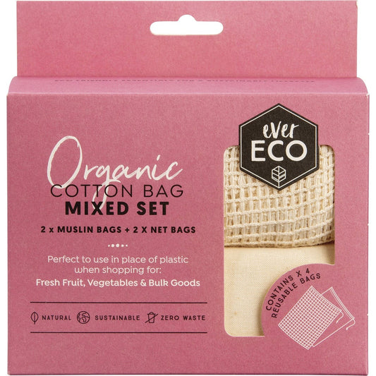 Ever Eco Reusable Produce Bags Organic Cotton Mixed Set(2 x Muslin bags & 2 X Net bags) 4 Pack