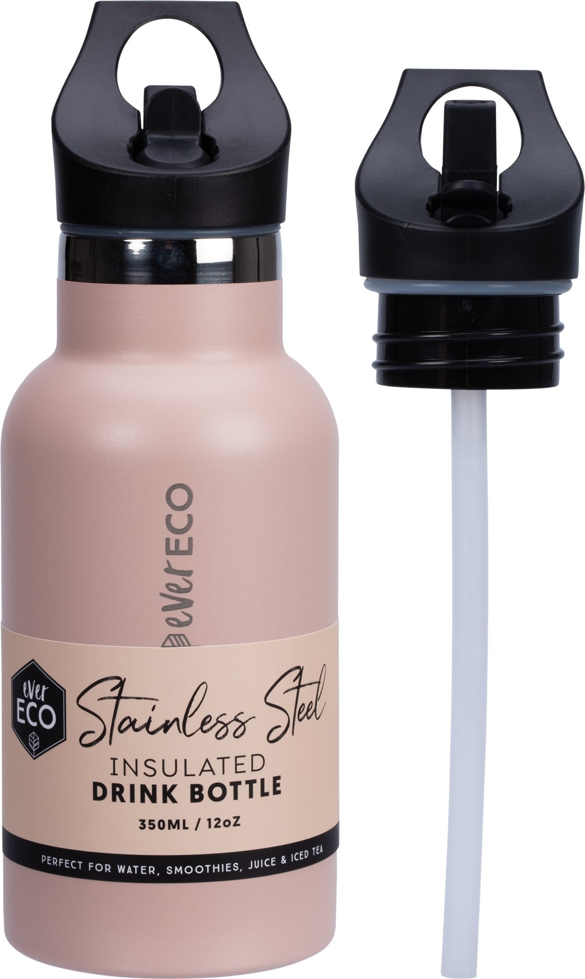 Rose 350ml Ever Eco insulated stainless steel bottle with a straw sip lid and a separate matching base.