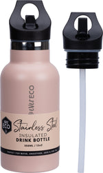 Rose 350ml Ever Eco insulated stainless steel bottle with a straw sip lid and a separate matching base.