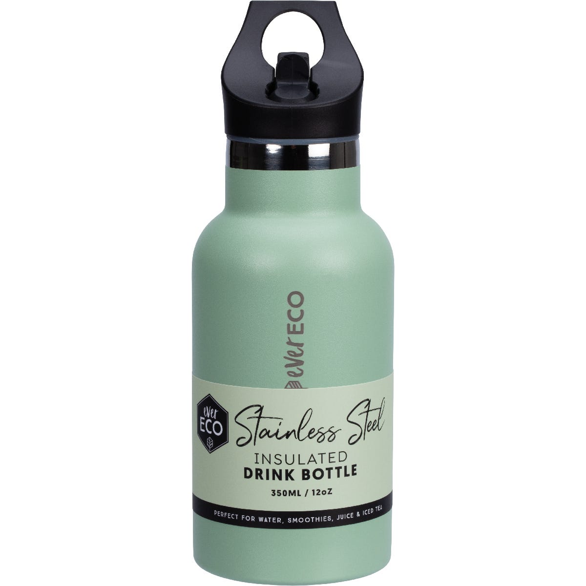 350ml sage green Ever Eco insulated stainless steel bottle with a matte finish and a black sip lid.