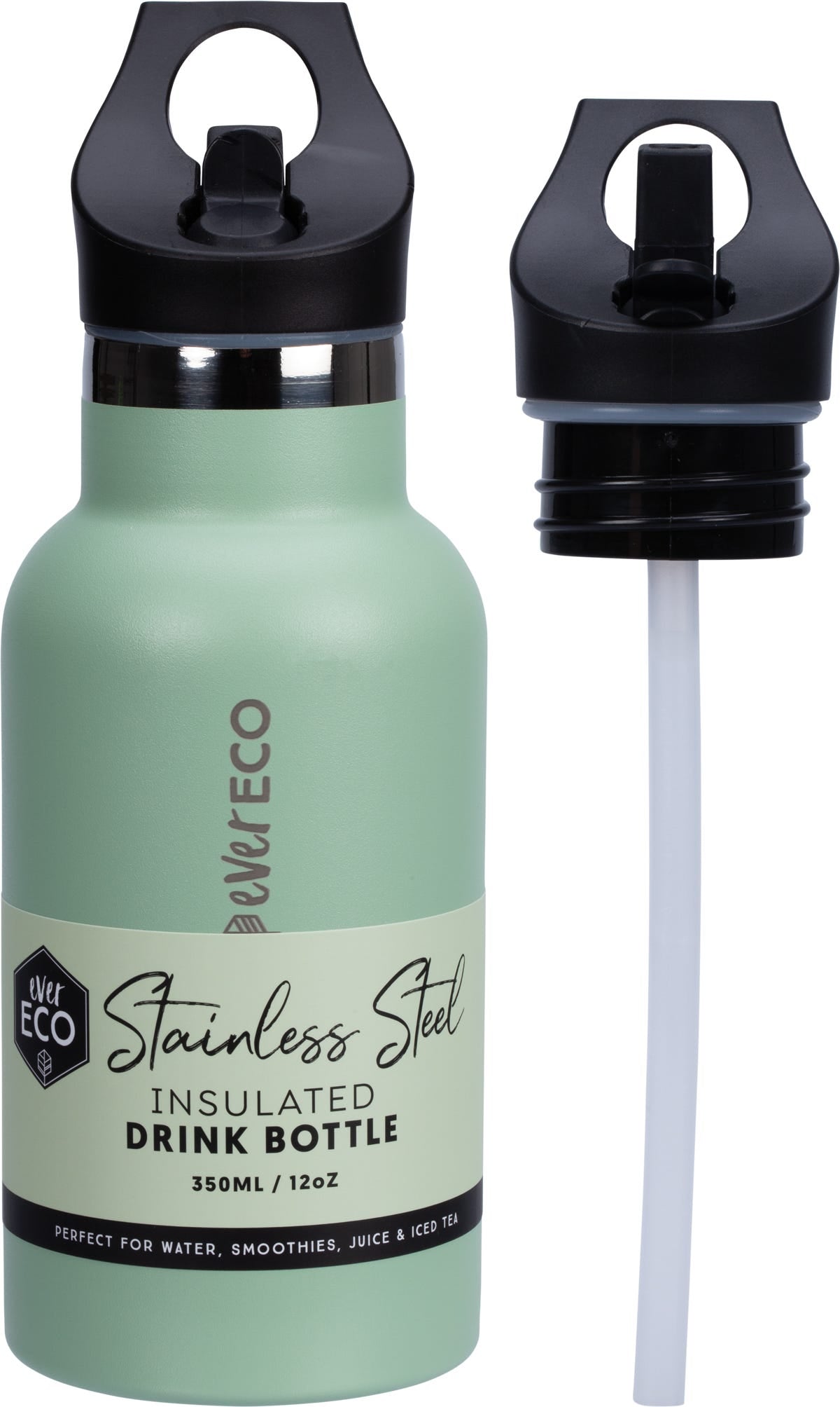 350ml Ever Eco insulated stainless steel bottle in sage green with a black sip lid, straw, and cleaning brush.
