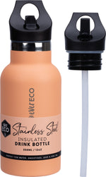 Peach 350ml Ever Eco insulated stainless steel bottle with a black sip lid, straw, and durable matte finish.