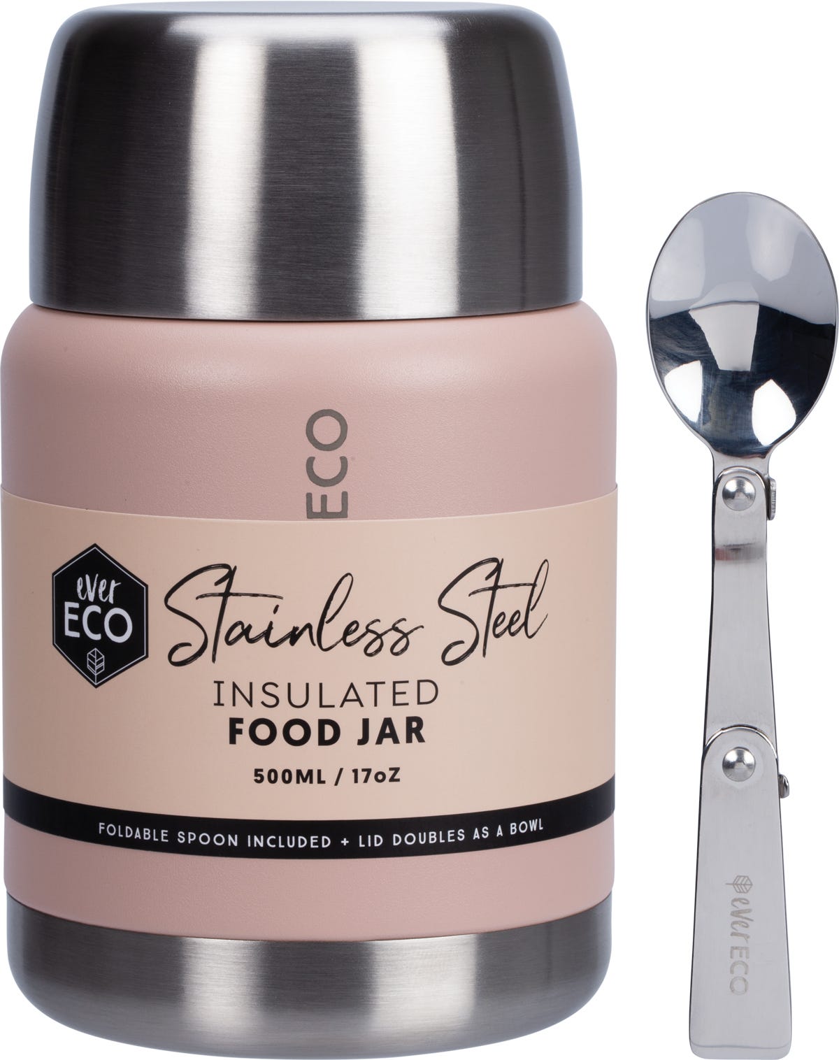 Rose insulated stainless steel food jar with a foldable spoon and lid that doubles as a serving bowl.