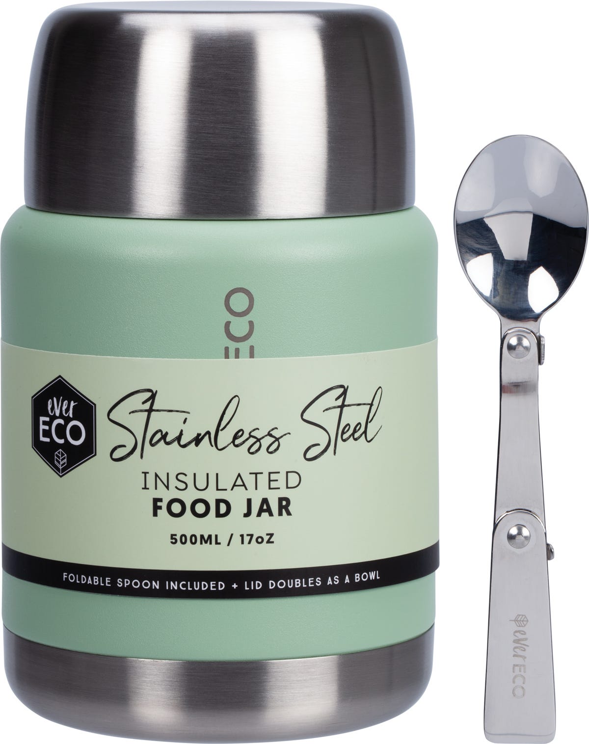 Sage 500ml insulated stainless steel food jar with a foldable spoon and lid that doubles as a serving bowl.