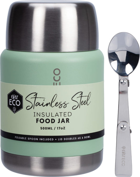 Ever Eco Insulated Stainless Steel Food Jar Sagewith Foldable Spoon & Bowl 500ml