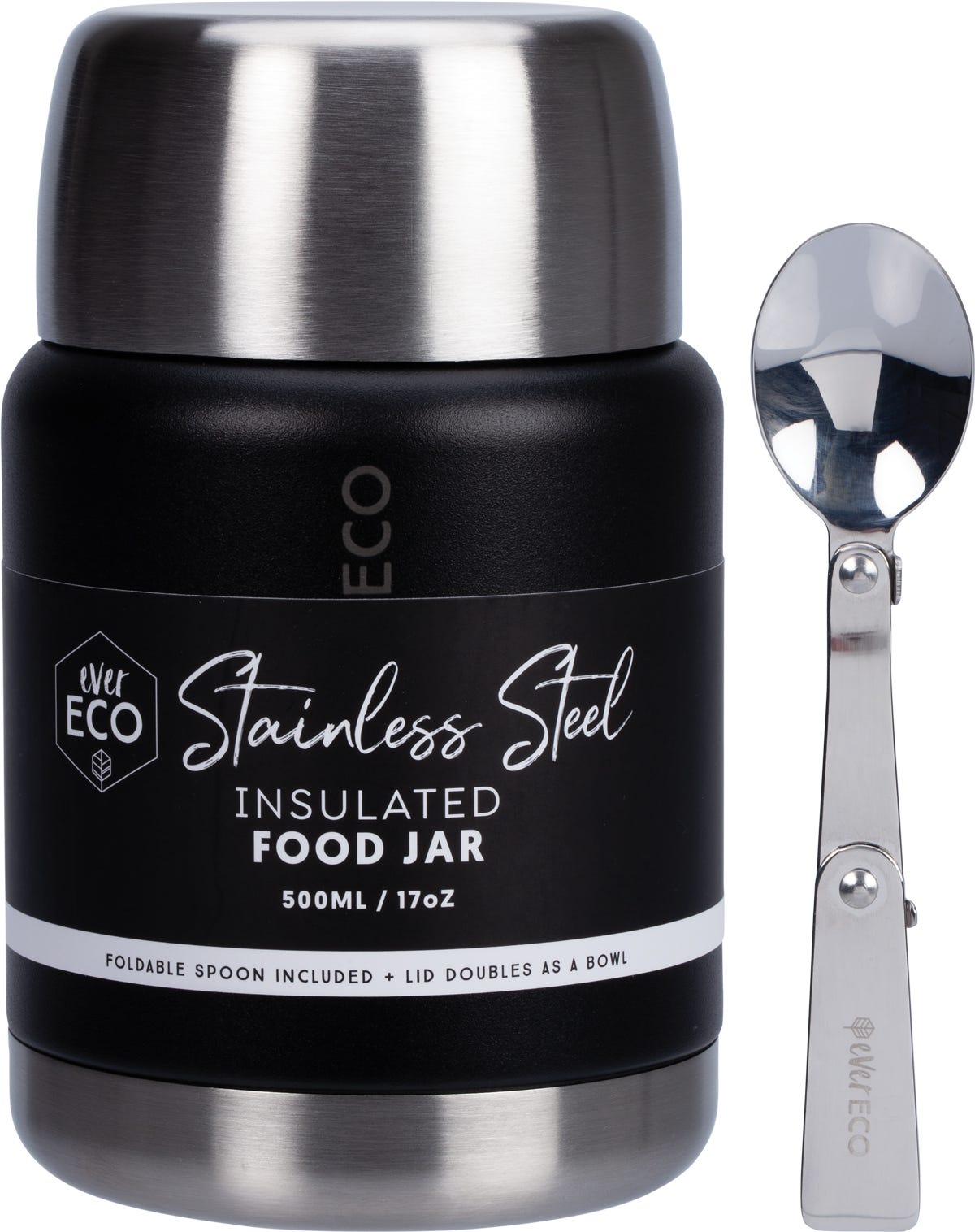 Ever Eco Insulated Stainless Steel Food Jar Onyxwith Foldable Spoon & Bowl 500ml