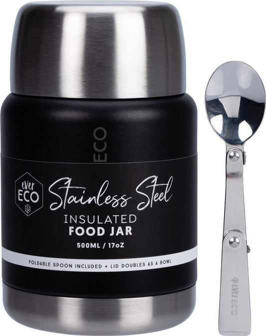 Ever Eco Insulated Stainless Steel Food Jar Onyxwith Foldable Spoon & Bowl 500ml