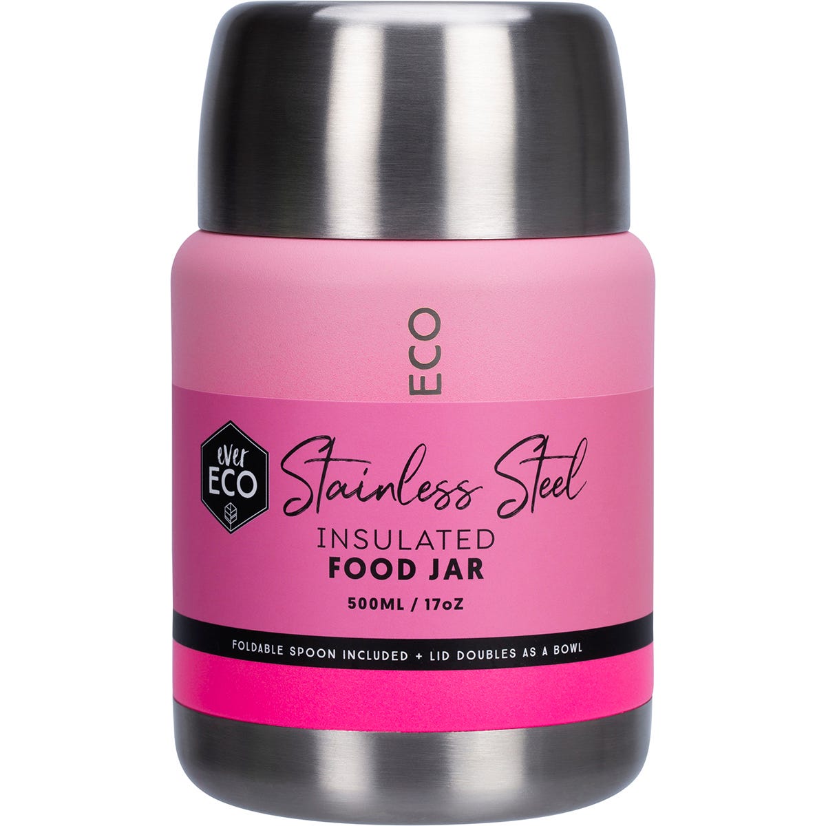 Rise colored 500ml insulated stainless steel food jar with a black lid and a foldable spoon.