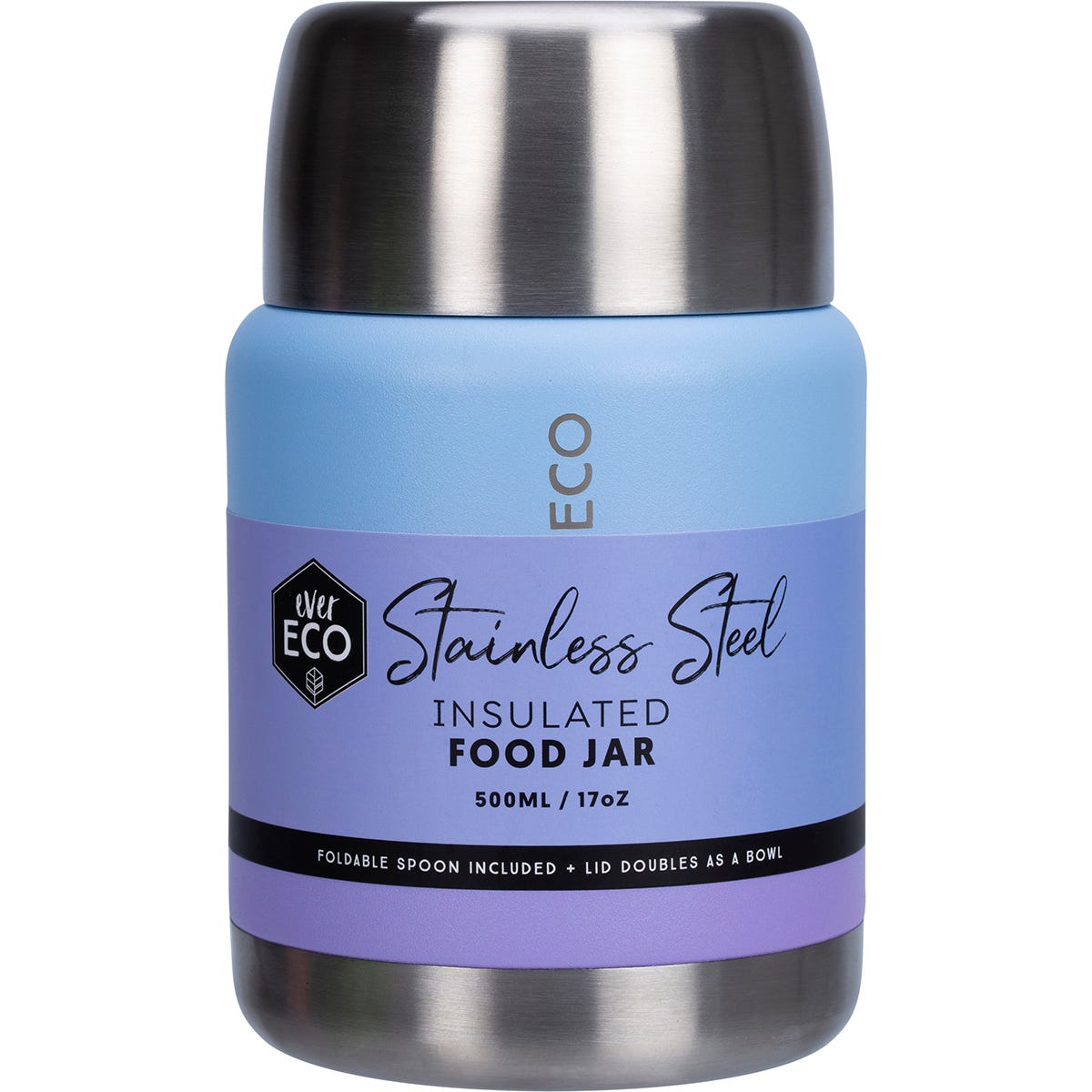 Blue and lilac ombre 500ml insulated food jar with a silver lid and a foldable stainless steel spoon.