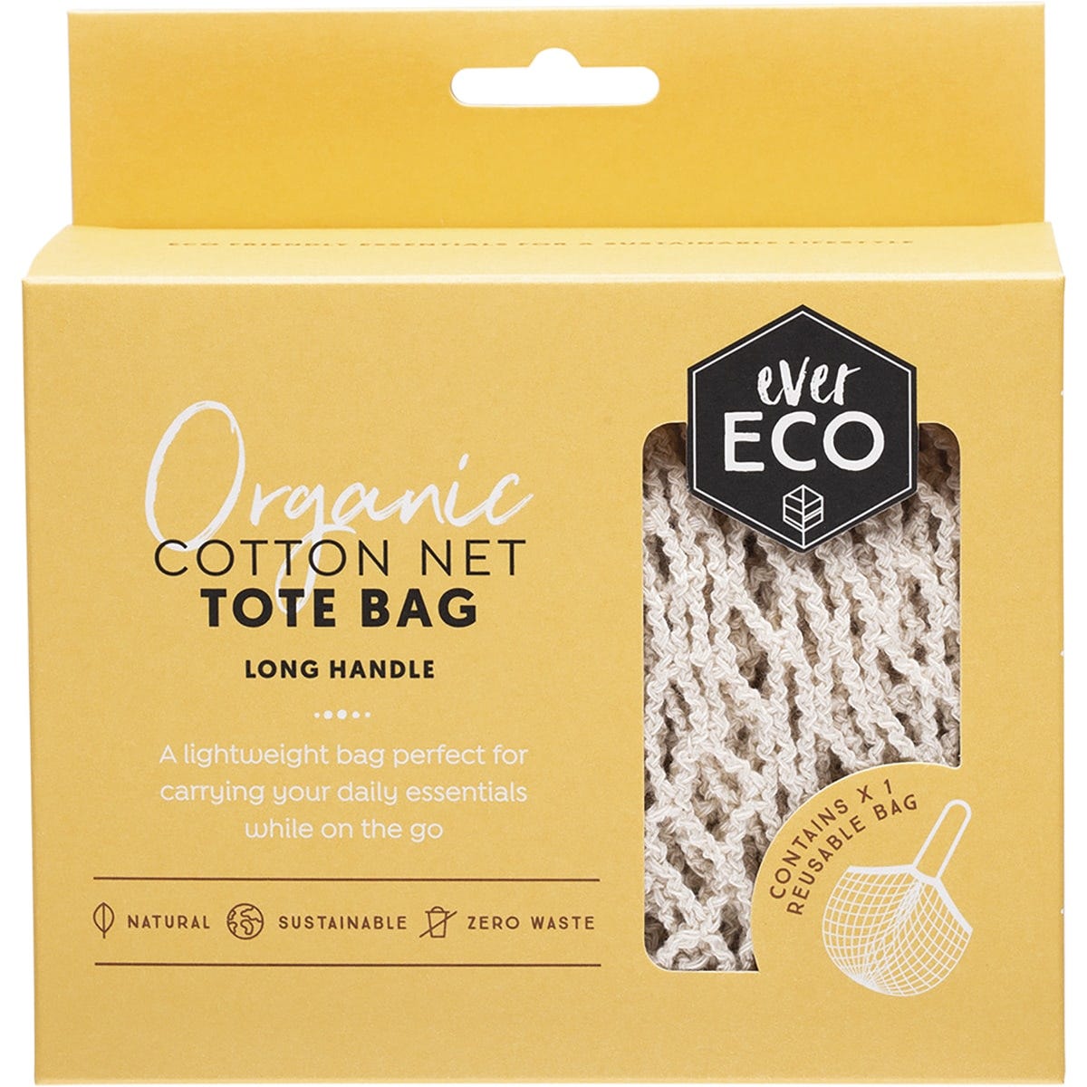 Ever Eco long handle organic cotton net tote bag in a natural unbleached cream color on a white background.