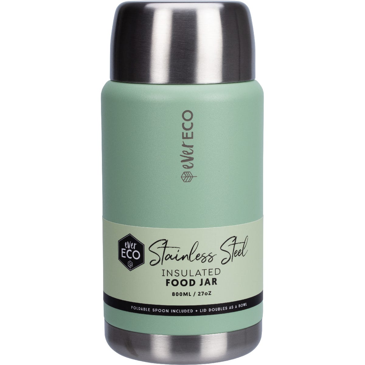 Sage green 800ml insulated stainless steel food jar with a matte finish on a white background.