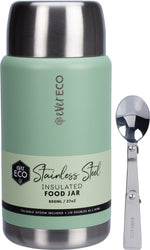 Sage green 800ml insulated stainless steel food jar with a foldable spoon and its lid used as a serving bowl.