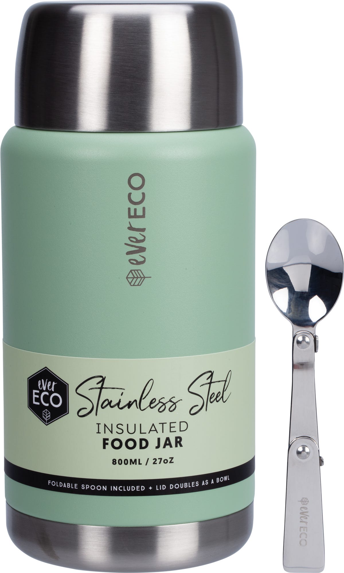 Sage green 800ml insulated stainless steel food jar with a foldable spoon and its lid used as a serving bowl.