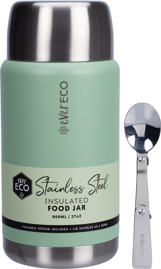 Ever Eco Insulated Stainless Steel Food Jar Sagewith Foldable Spoon & Bowl 800ml