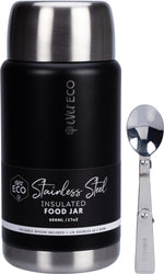 Onyx 800ml Ever Eco insulated stainless steel food jar with a black matte finish and foldable silver spoon.