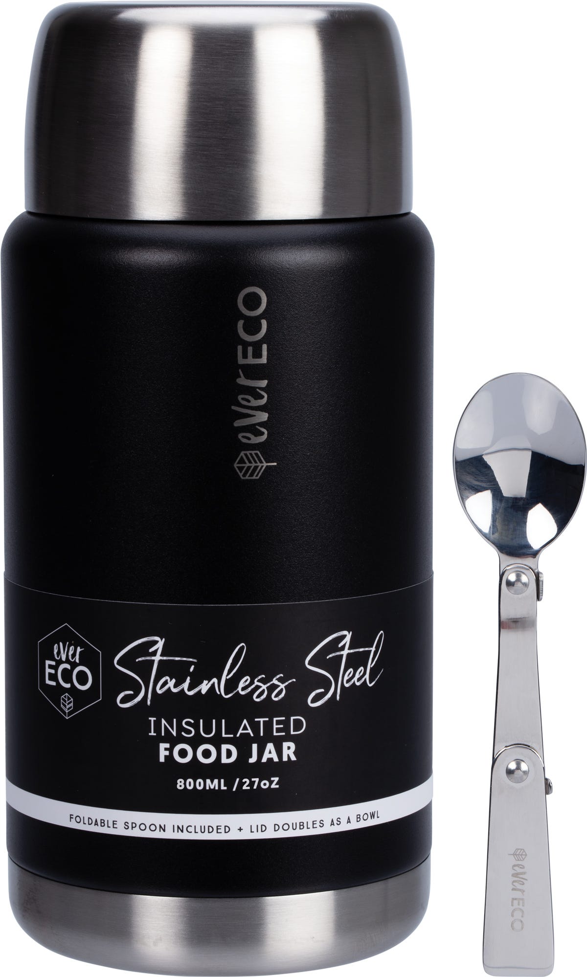 Onyx 800ml Ever Eco insulated stainless steel food jar with a black matte finish and foldable silver spoon.
