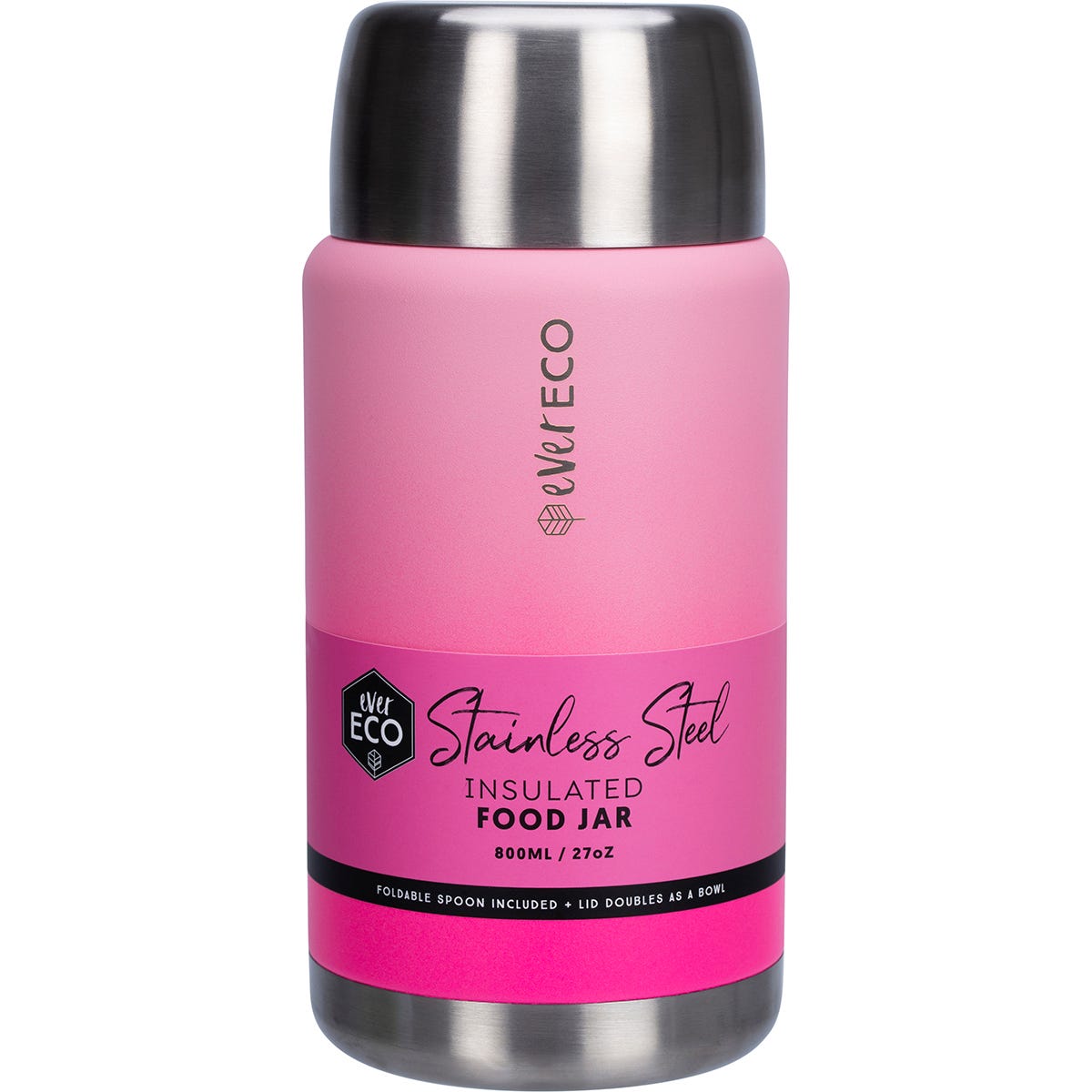 800ml Ever Eco insulated stainless steel food jar in Rise pink with a foldable spoon and serving bowl lid.