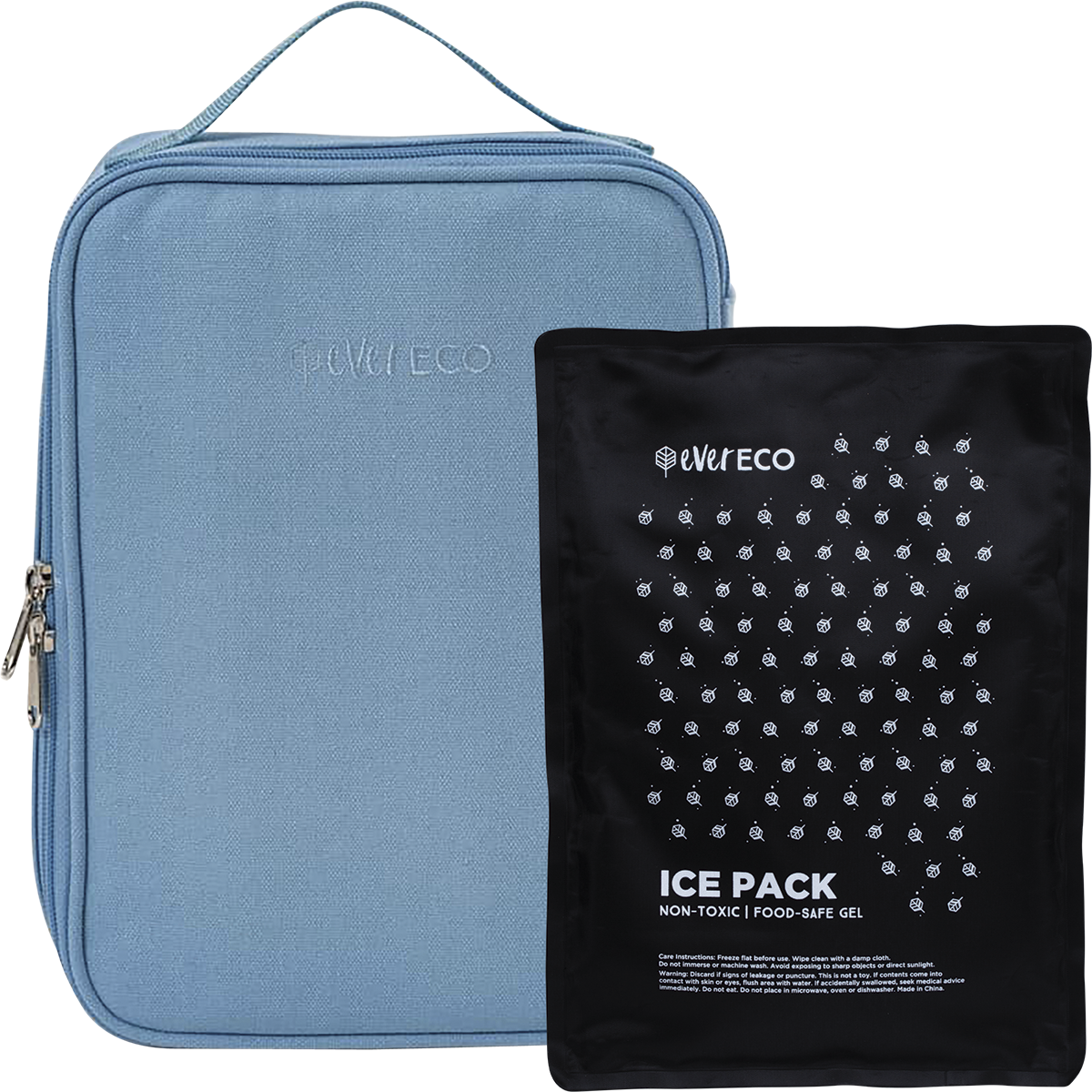 Blue insulated Ever Eco lunch bag in Cove with matching ice pack and cover, designed for food storage and school.