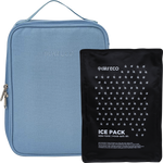 Blue insulated Ever Eco lunch bag in Cove with matching ice pack and cover, designed for food storage and school.