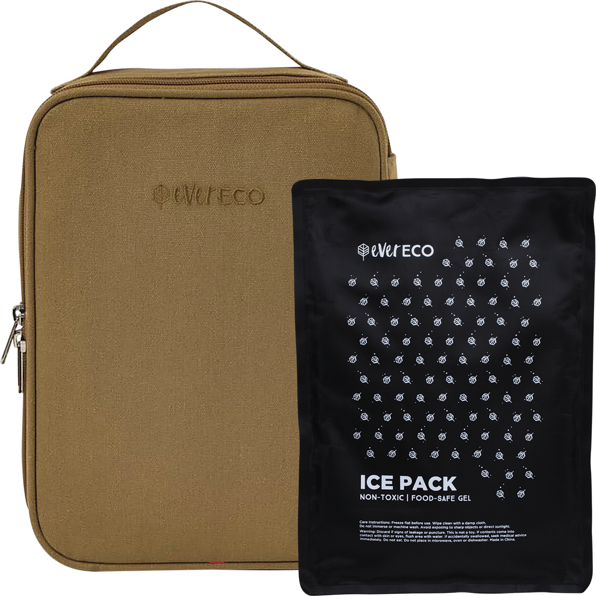 Husk-colored Ever Eco insulated lunch bag with a carry handle and an included gel ice pack.