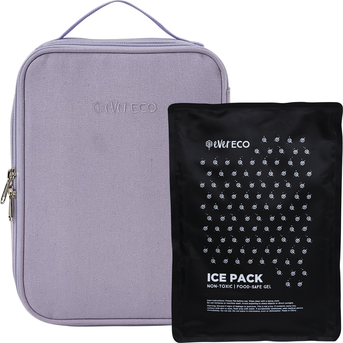 Lilac Ever Eco insulated lunch bag with a carry handle and a blue gel ice pack on a white background.
