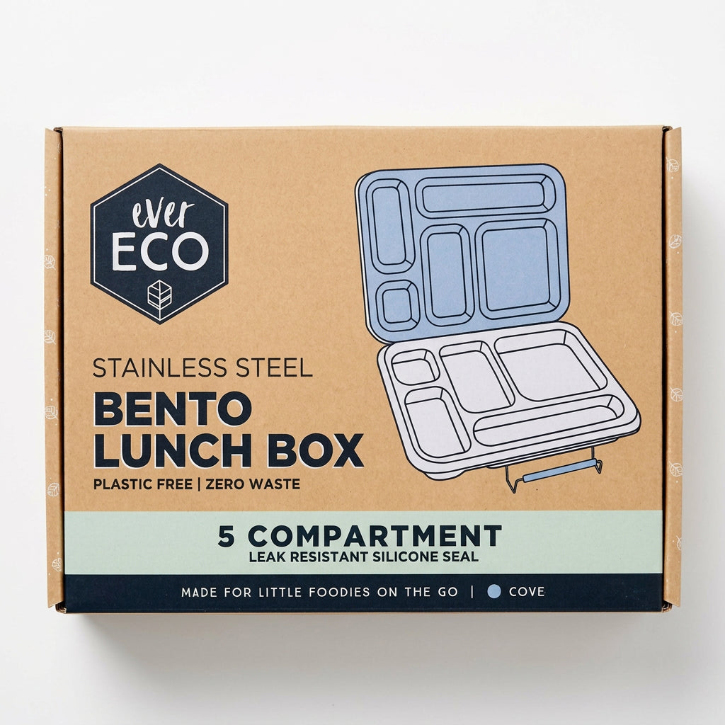 Ever Eco 5 compartment stainless steel bento lunch box in Cove blue with a matching silicone seal.