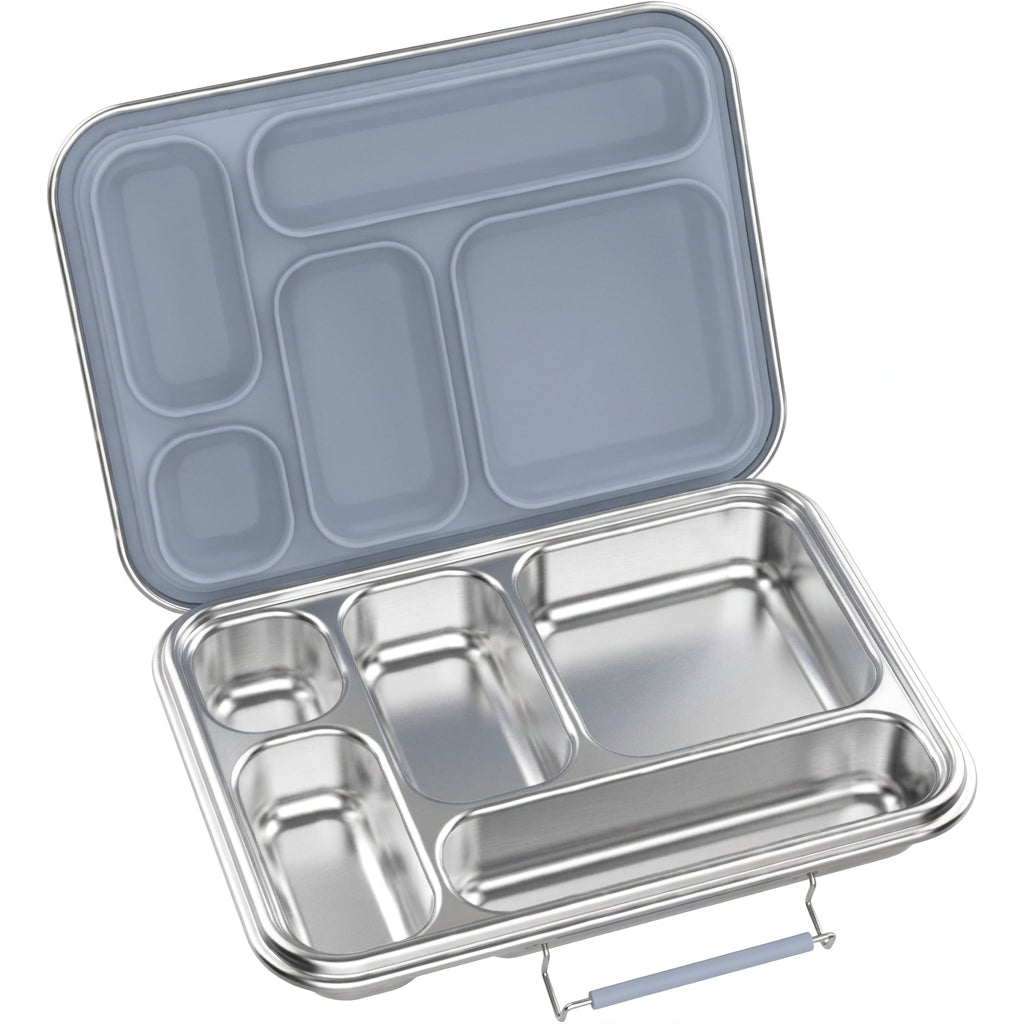 Side view of the Ever Eco 5 compartment stainless steel bento box in Cove blue.
