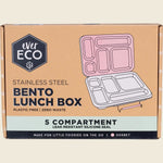 Pink 5 compartment stainless steel bento lunch box with a leakproof silicone seal in the lid.