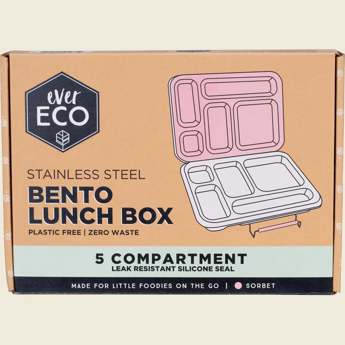 Pink 5 compartment stainless steel bento lunch box with a leakproof silicone seal in the lid.