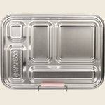 Ever Eco Sorbet pink stainless steel 5-compartment bento box, open to show the leakproof silicone seal.