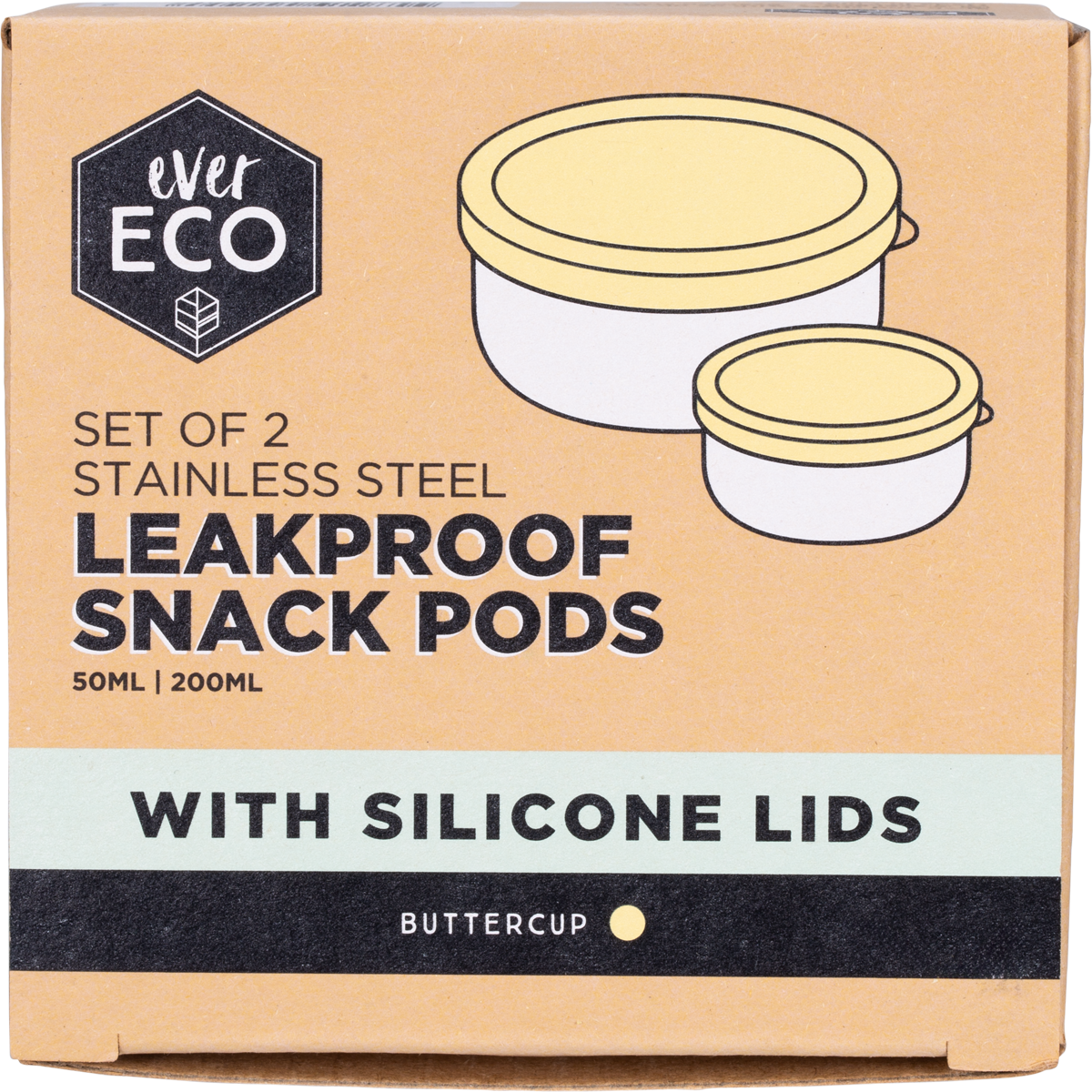 Two round stainless steel snack pods with yellow silicone lids, shown in 50ml and 200ml sizes on a white background.