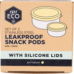 Two round stainless steel snack pods with yellow silicone lids, shown in 50ml and 200ml sizes on a white background.