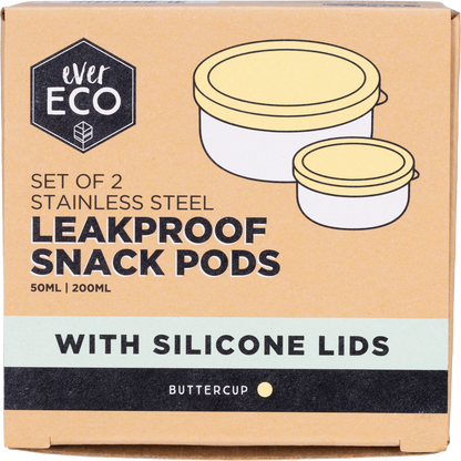Two round stainless steel snack pods with yellow silicone lids, shown in 50ml and 200ml sizes on a white background.